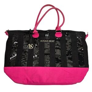 Victoria's Secret Black and Pink Sequin Tote Bag